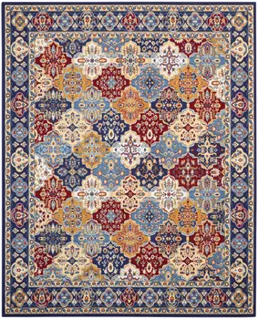 9' X 12' Blue Red and Orange Floral Distressed Non Skid Area Rug