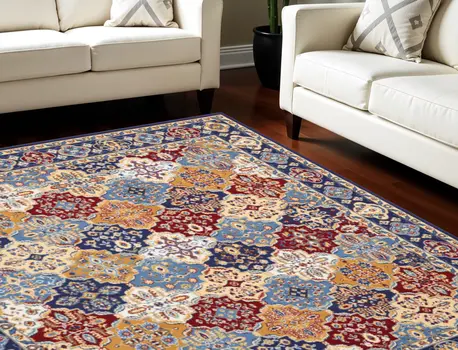9' X 12' Blue Red and Orange Floral Distressed Non Skid Area Rug