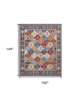 9' X 12' Blue Red and Orange Floral Distressed Non Skid Area Rug