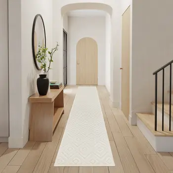16' White And Ivory Geometric Indoor Outdoor Runner Rug
