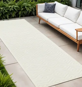 16' White And Ivory Geometric Indoor Outdoor Runner Rug