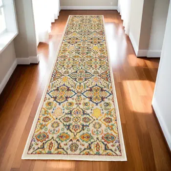 12' Blue And Yellow Floral Runner Rug