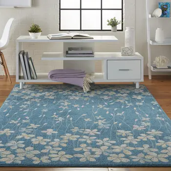 5' X 7' Turquoise and Cream Floral Area Rug
