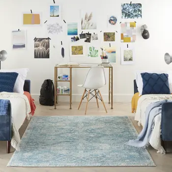 5' X 7' Ivory and Light Blue Medallion Distressed Area Rug