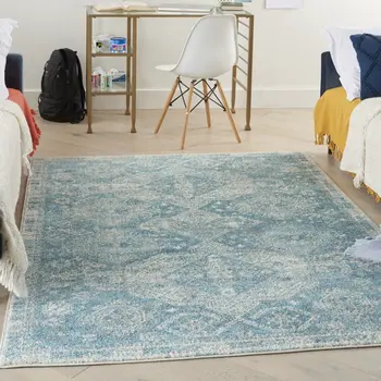 6' X 9' Ivory and Light Blue Medallion Distressed Area Rug