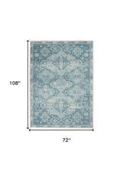 6' X 9' Ivory and Light Blue Medallion Distressed Area Rug