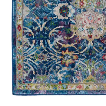 6' Navy Blue and Gold Floral Distressed Non Skid Runner Rug