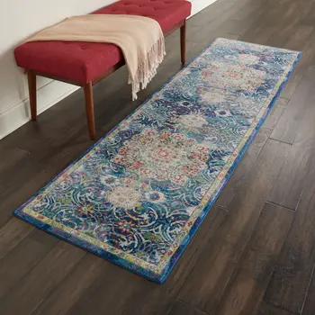6' Navy Blue and Gold Floral Distressed Non Skid Runner Rug