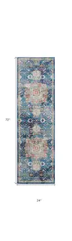 6' Navy Blue and Gold Floral Distressed Non Skid Runner Rug