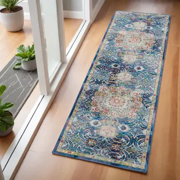 6' Navy Blue and Gold Floral Distressed Non Skid Runner Rug