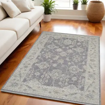5' X 8' Ivory and Gray Floral Power Loom Area Rug