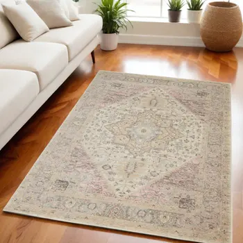 5' X 7' Ivory Pink And Gray Floral Distressed Area Rug
