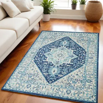 5' X 7' Ivory And Navy Blue Floral Medallion Distressed Area Rug