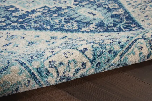 5' X 7' Ivory And Navy Blue Floral Medallion Distressed Area Rug