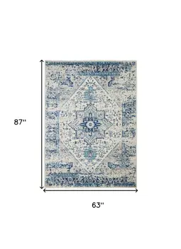 5' X 7' Ivory And Light Blue Floral Medallion Distressed Area Rug