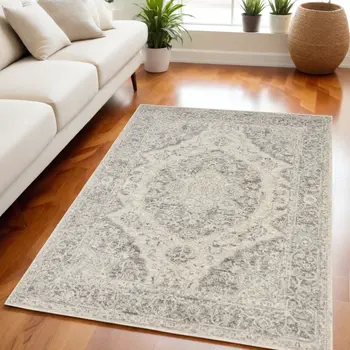 5' X 7' Ivory And Gray Floral Medallion Distressed Area Rug