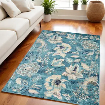 5' X 7' Turquoise Cream and Navy Blue Floral Distressed Area Rug
