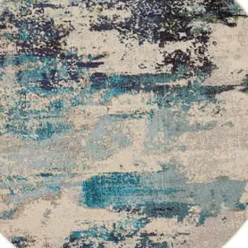 5' X 7' Turquoise Cream and Navy Blue Floral Distressed Area Rug