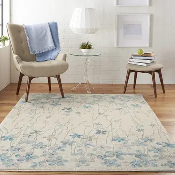 5' X 7' Ivory And Blue Floral Area Rug