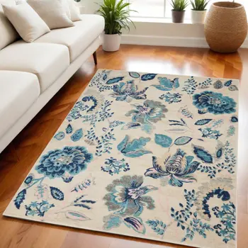 5' X 7' Ivory Navy Blue And Light Blue Floral Area Rug