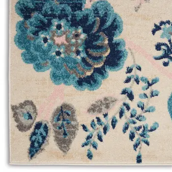 5' X 7' Ivory Navy Blue And Light Blue Floral Area Rug