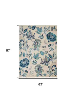 5' X 7' Ivory Navy Blue And Light Blue Floral Area Rug