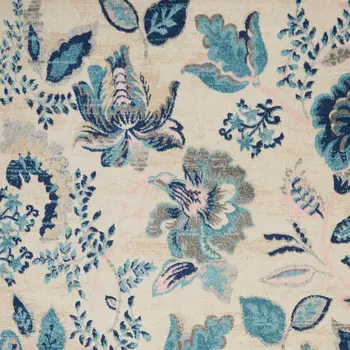 5' X 7' Ivory Navy Blue And Light Blue Floral Area Rug