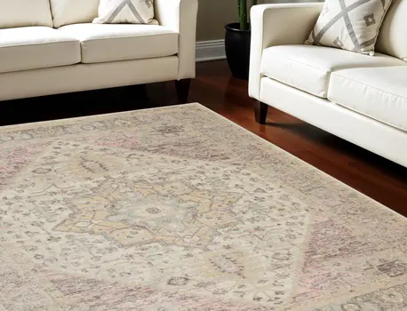 6' X 9' Ivory Pink And Gray Floral Medallion Distressed Area Rug