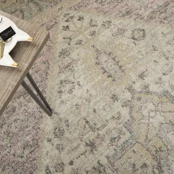 6' X 9' Ivory Pink And Gray Floral Medallion Distressed Area Rug