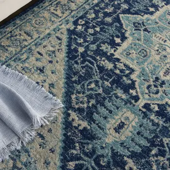 6' X 9' Ivory And Navy Blue Floral Medallion Distressed Area Rug