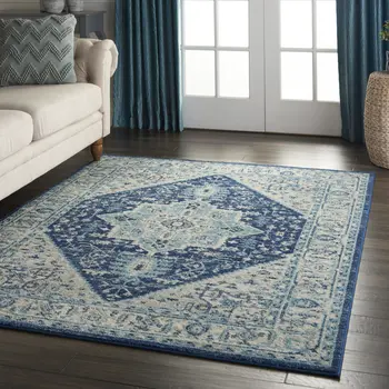 6' X 9' Ivory And Navy Blue Floral Medallion Distressed Area Rug