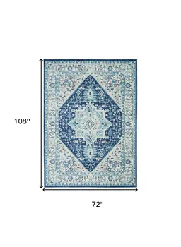 6' X 9' Ivory And Navy Blue Floral Medallion Distressed Area Rug