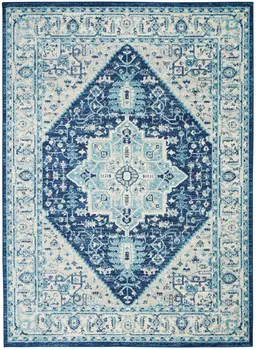 6' X 9' Ivory And Navy Blue Floral Medallion Distressed Area Rug