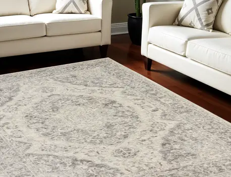 6' X 9' Ivory And Gray Floral Medallion Distressed Area Rug