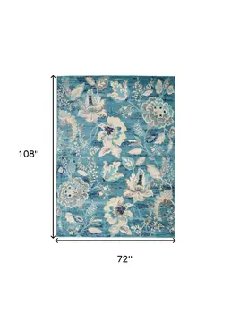 6' X 9' Turquoise Cream and Navy Blue Floral Distressed Area Rug