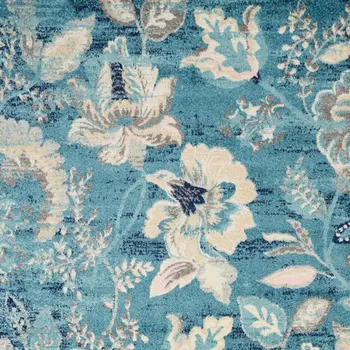 6' X 9' Turquoise Cream and Navy Blue Floral Distressed Area Rug