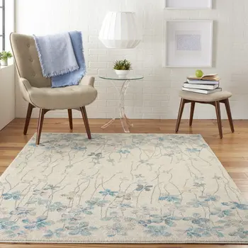 6' X 9' Ivory And Blue Floral Area Rug