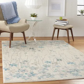 6' X 9' Ivory And Blue Floral Area Rug