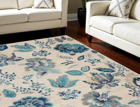 6' X 9' Ivory Navy Blue And Light Blue Floral Area Rug