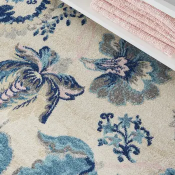 6' X 9' Ivory Navy Blue And Light Blue Floral Area Rug