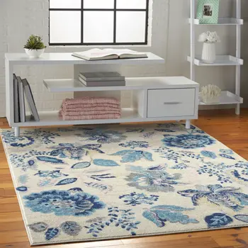 6' X 9' Ivory Navy Blue And Light Blue Floral Area Rug