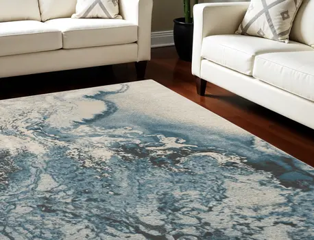 6' X 9' Ivory Teal Blue and Black Abstract Non Skid Area Rug