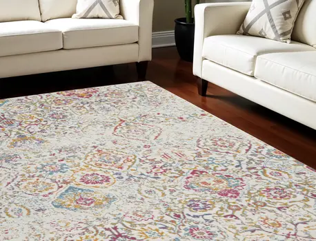 8' X 10' Ivory Red and Yellow Damask Distressed Area Rug