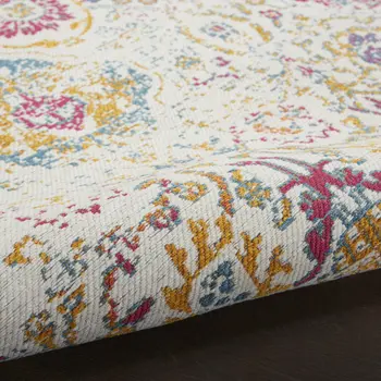 8' X 10' Ivory Red and Yellow Damask Distressed Area Rug