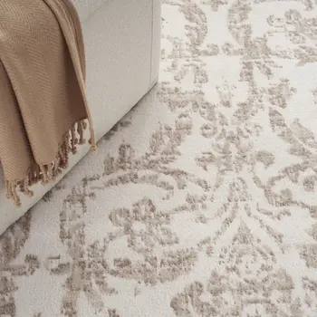 8' X 10' Beige and Ivory Damask Distressed Non Skid Area Rug