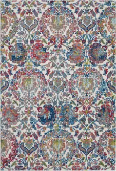 4' X 6' Ivory Blue and Red Floral Distressed Non Skid Area Rug