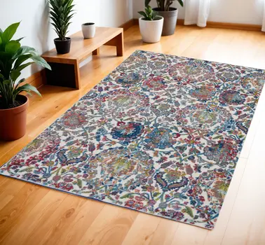 4' X 6' Ivory Blue and Red Floral Distressed Non Skid Area Rug