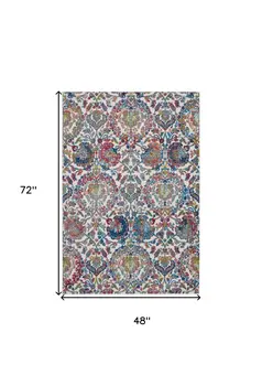 4' X 6' Ivory Blue and Red Floral Distressed Non Skid Area Rug