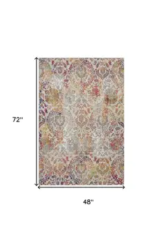 4' X 6' Ivory Gray and Orange Floral Distressed Non Skid Area Rug