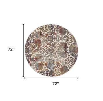 6' White and Golden Brown Floral Distressed Non Skid Round Rug